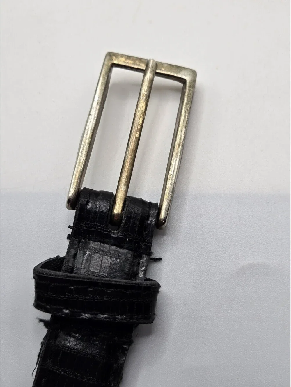 Vintage Faux Lizard Leather Men’s Belt Black Gold Tone Buckle Tip Textured 12P